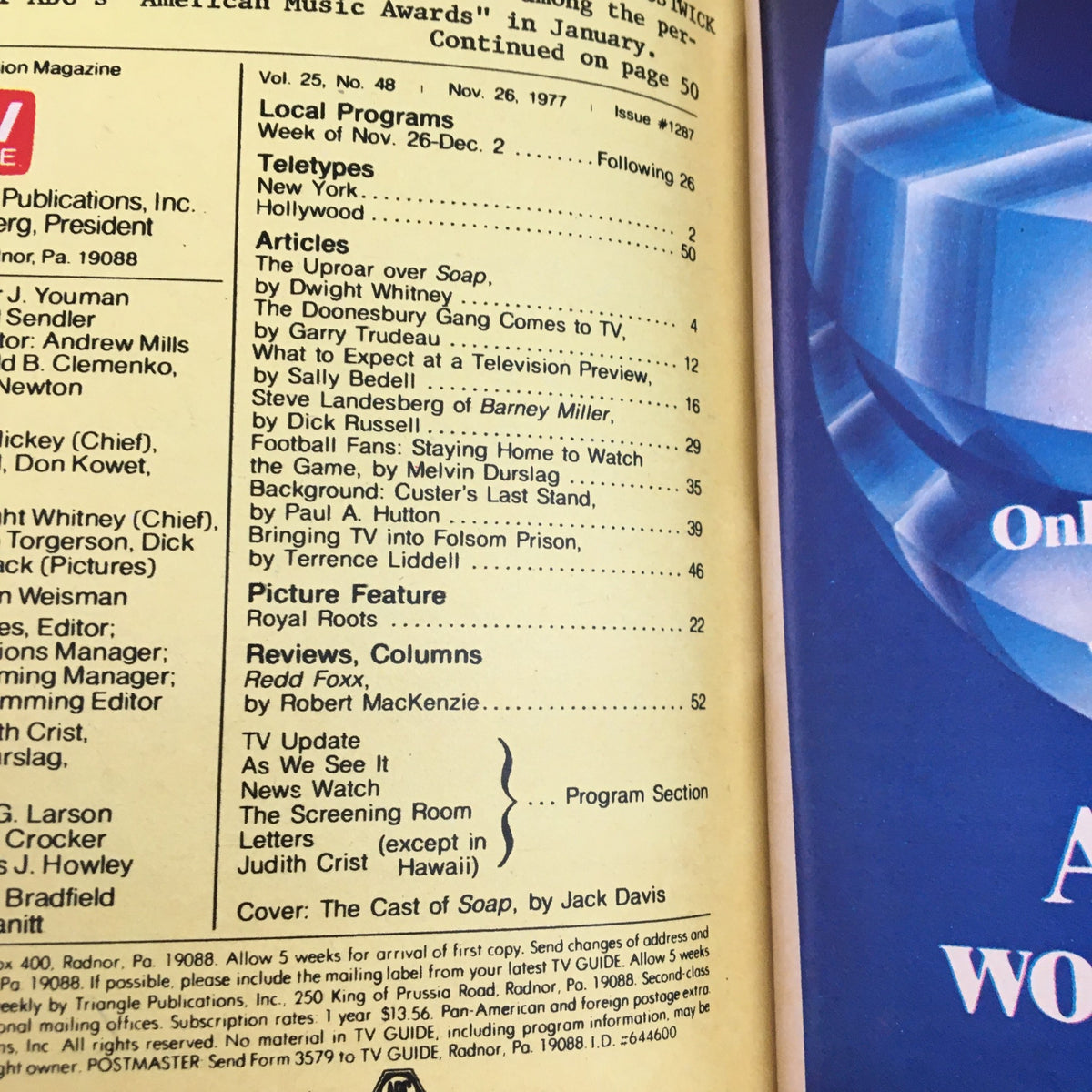 Inside page of TV Guide Magazine November 26 1977 with program listings and articles, highlighting the show's cultural significance and the ensemble cast of Soap.