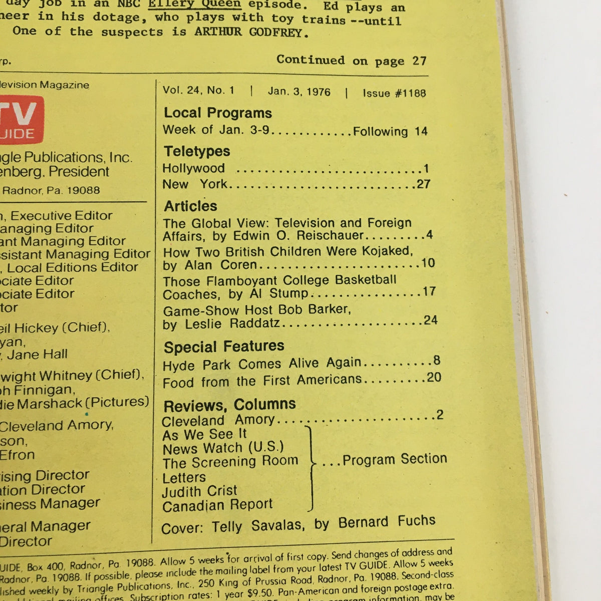 Inside page of TV Guide Magazine January 3, 1976 displaying programming listings and articles relevant to the Los Angeles edition.