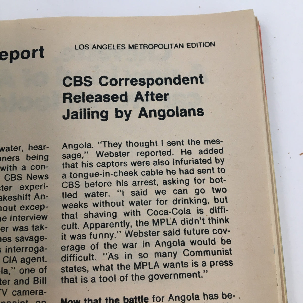 Article page from TV Guide Magazine January 3, 1976 reporting on CBS correspondent's situation in Angola, including relevant news coverage.