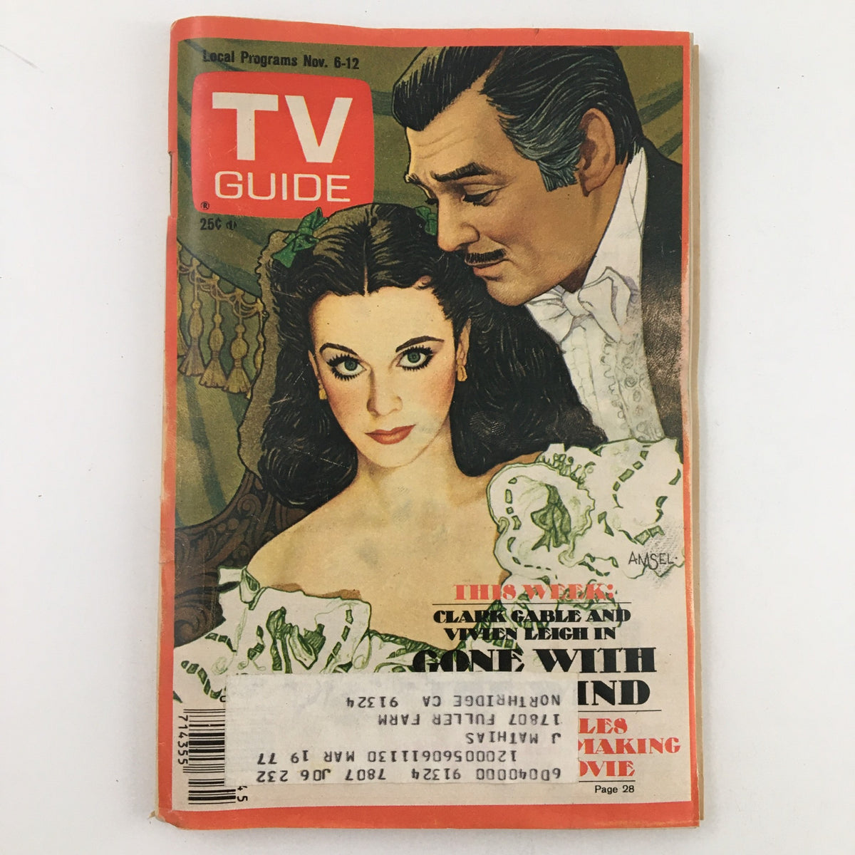 TV Guide Magazine November 6 1976 cover featuring Vivien Leigh and Clark Gable showcasing their iconic characters from Gone with the Wind, highlighting the charm of classic cinema.