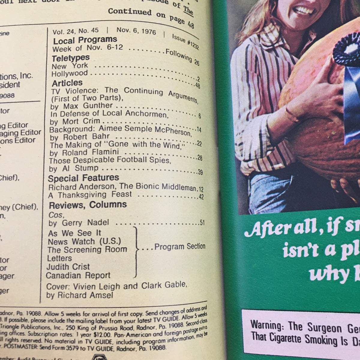 TV Guide Magazine November 6 1976 interior page detailing articles and features with a focus on television programs, including a highlight on the making of Gone with the Wind.