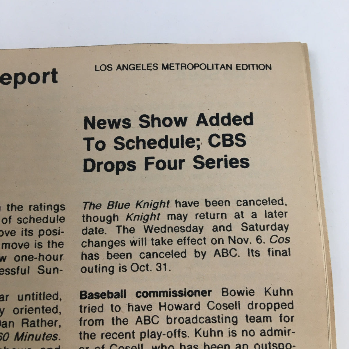 News report page from TV Guide Magazine, October 30, 1976, discussing updates on television scheduling, including cancellations and additions to CBS's programming lineup, reflecting the dynamic nature of broadcasting during that era.
