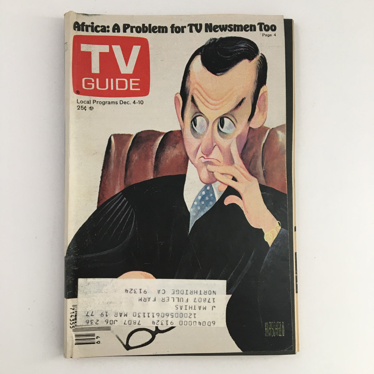 Cover of TV Guide Magazine December 4, 1976 featuring a stylized illustration of a man in a suit, looking contemplative. The issue highlights 'Africa: A Problem for TV Newsmen' and includes a display of the TV Guide logo.