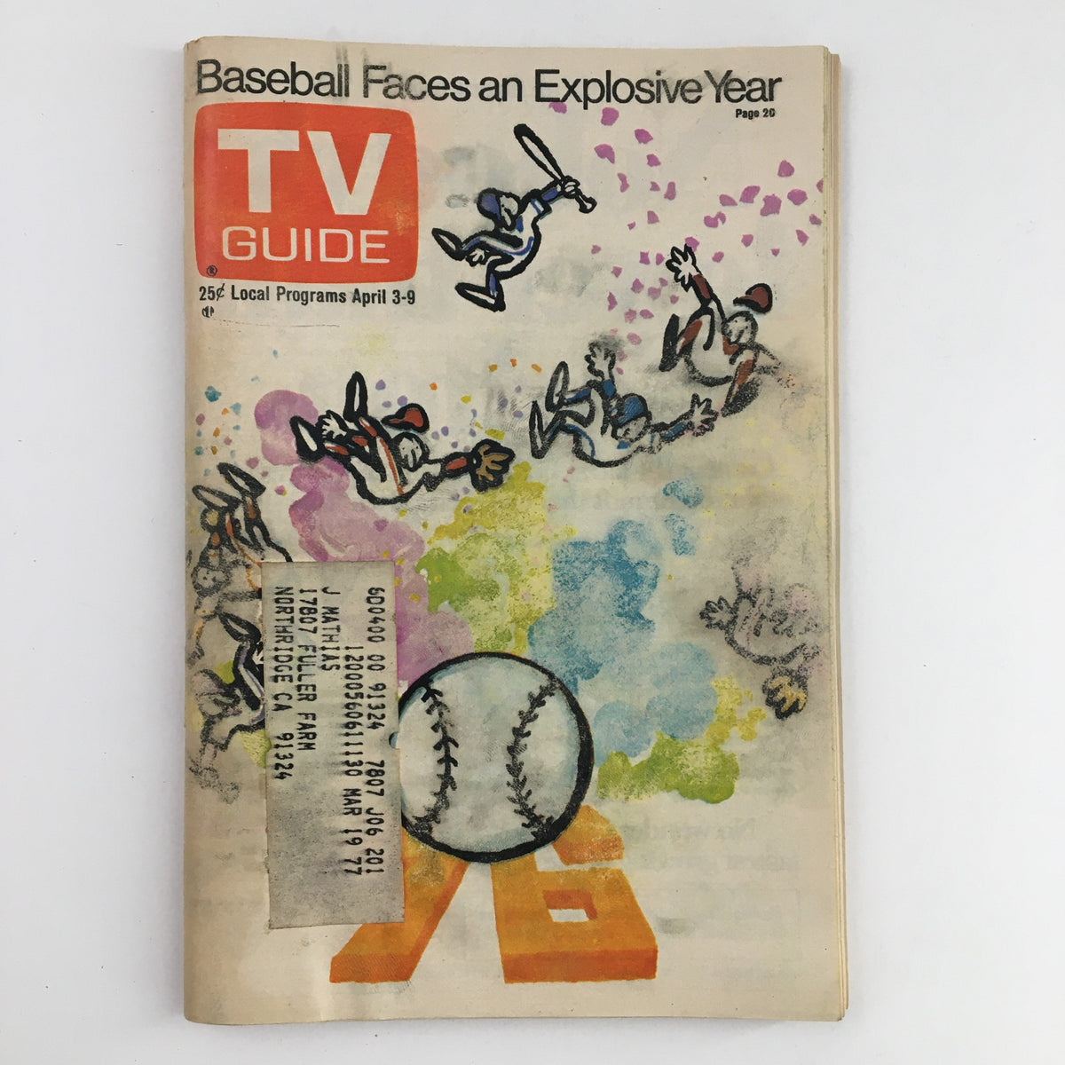 Cover of TV Guide Magazine from April 3, 1976, featuring the title 'Baseball Faces an Explosive Year' alongside colorful illustrations of baseball players and a prominent depiction of a baseball.