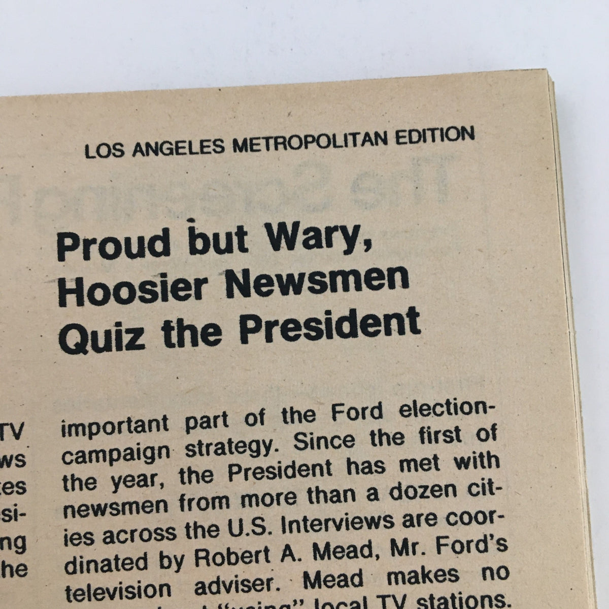 Another inside page of TV Guide Magazine May 8 1976 highlighting 'Proud but Wary, Hoosier Newsmen Quiz the President,' part of the Los Angeles edition.