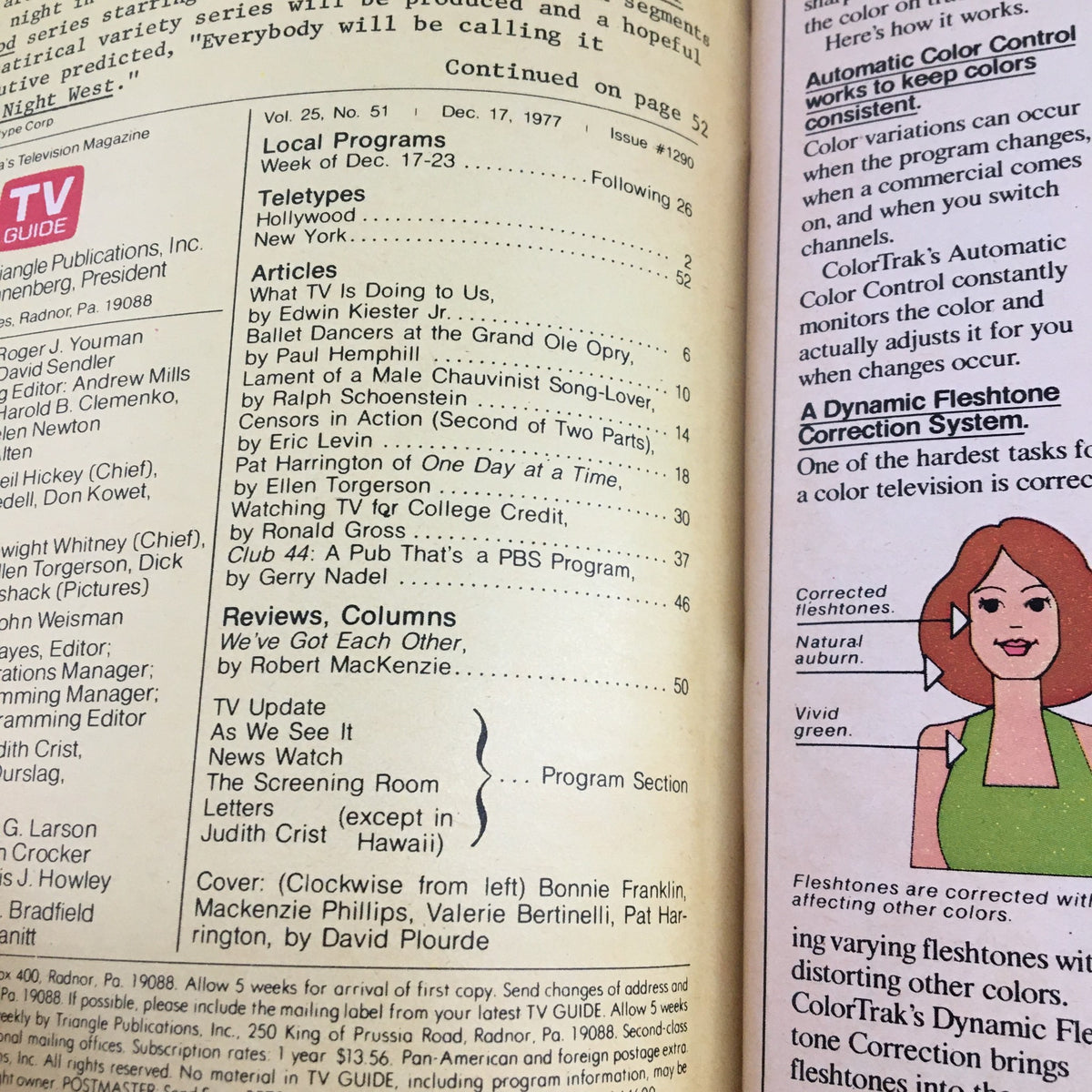 Interior page of TV Guide Magazine, December 17, 1977, featuring local programs and articles including insights about the show One Day at a Time, offering a glimpse into television from that era.