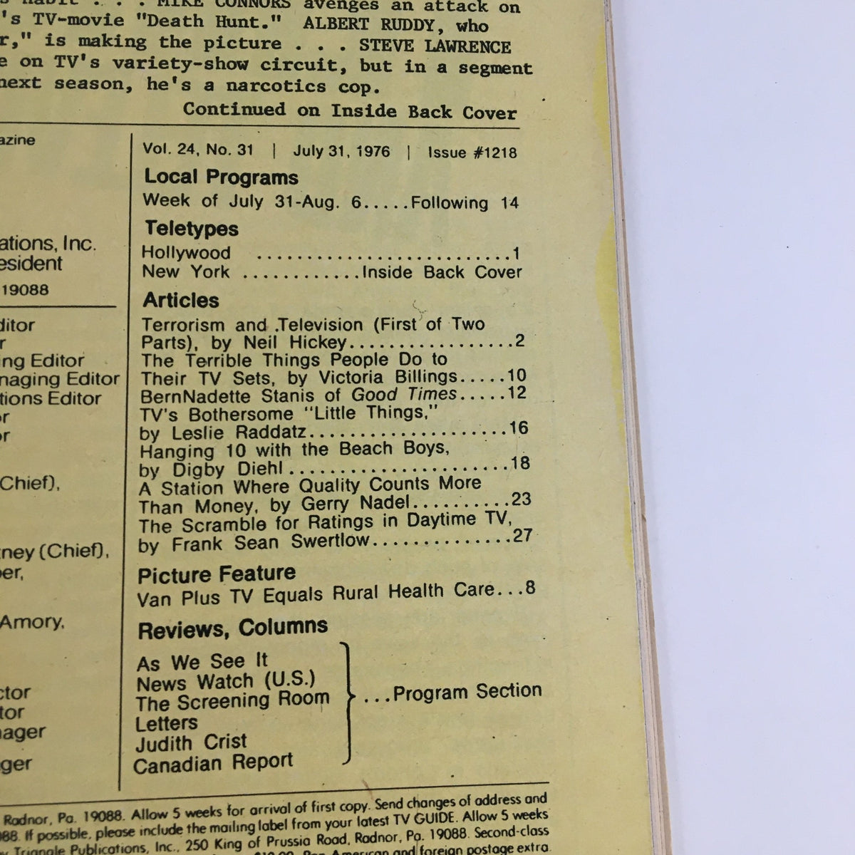 Inside contents page of TV Guide Magazine July 31, 1976, detailing articles and features including 'Terrorism and Television' and listings for local programs.
