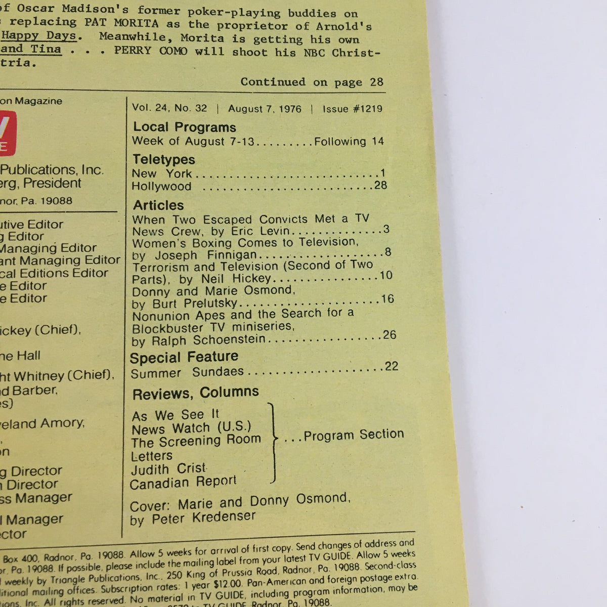 Interior page of TV Guide Magazine August 7 1976, listing articles and programs, with a focus on the coverage of Marie and Danny Osmond.