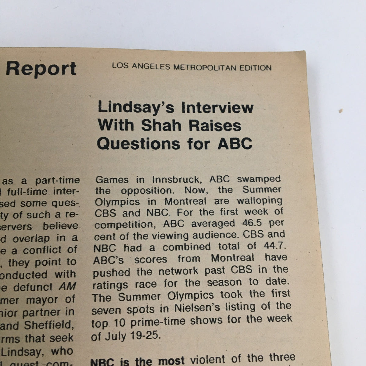 Vintage TV Guide Magazine August 7, 1976, featuring an article titled 'Lindsay's Interview With Shah Raises Questions for ABC', showcasing classic television insights and cultural context from the era.