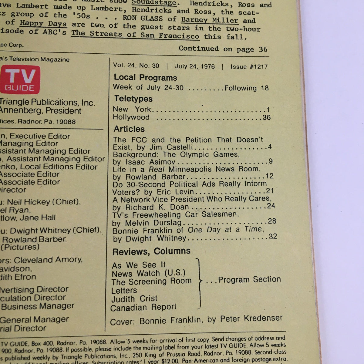 Back cover of TV Guide Magazine July 24 1976 featuring articles and television listings, highlighting Bonnie Franklin from One Day at a Time.