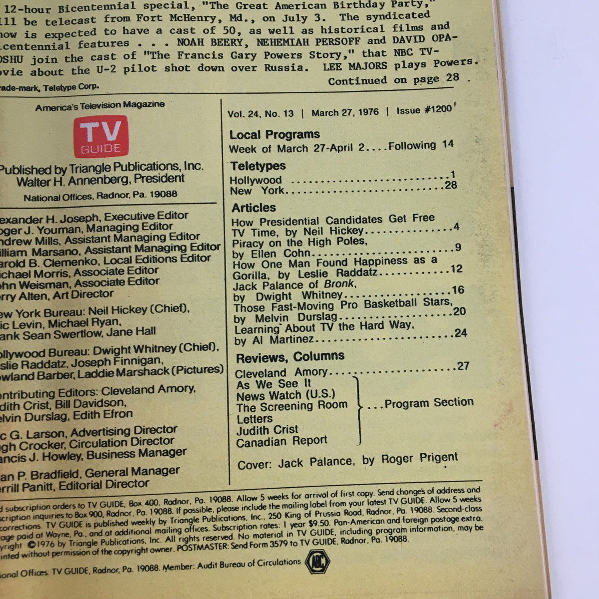 Back cover of TV Guide Magazine March 27 1976 showcasing content details and articles including Jack Palance of Bronk, and the magazine's editorial team.