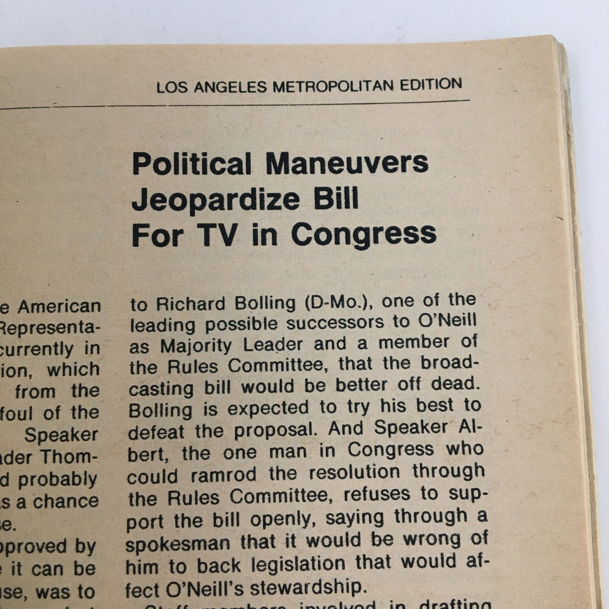 Image showing the contents of the TV Guide Magazine from March 27, 1976, featuring an article titled 'Political Maneuvers Jeopardize Bill For TV in Congress.' This magazine includes Jack Palance on the cover, adding to its historical significance as a piece of vintage television memorabilia.