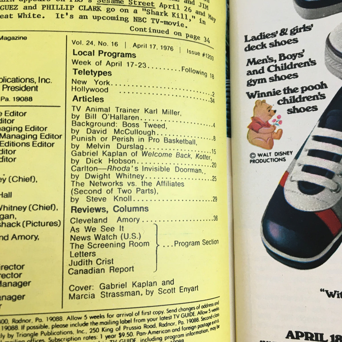 Inside page of TV Guide Magazine April 17 1976 featuring Gabriel Kaplan and Marcia Strassman, detailing television articles and local programs.