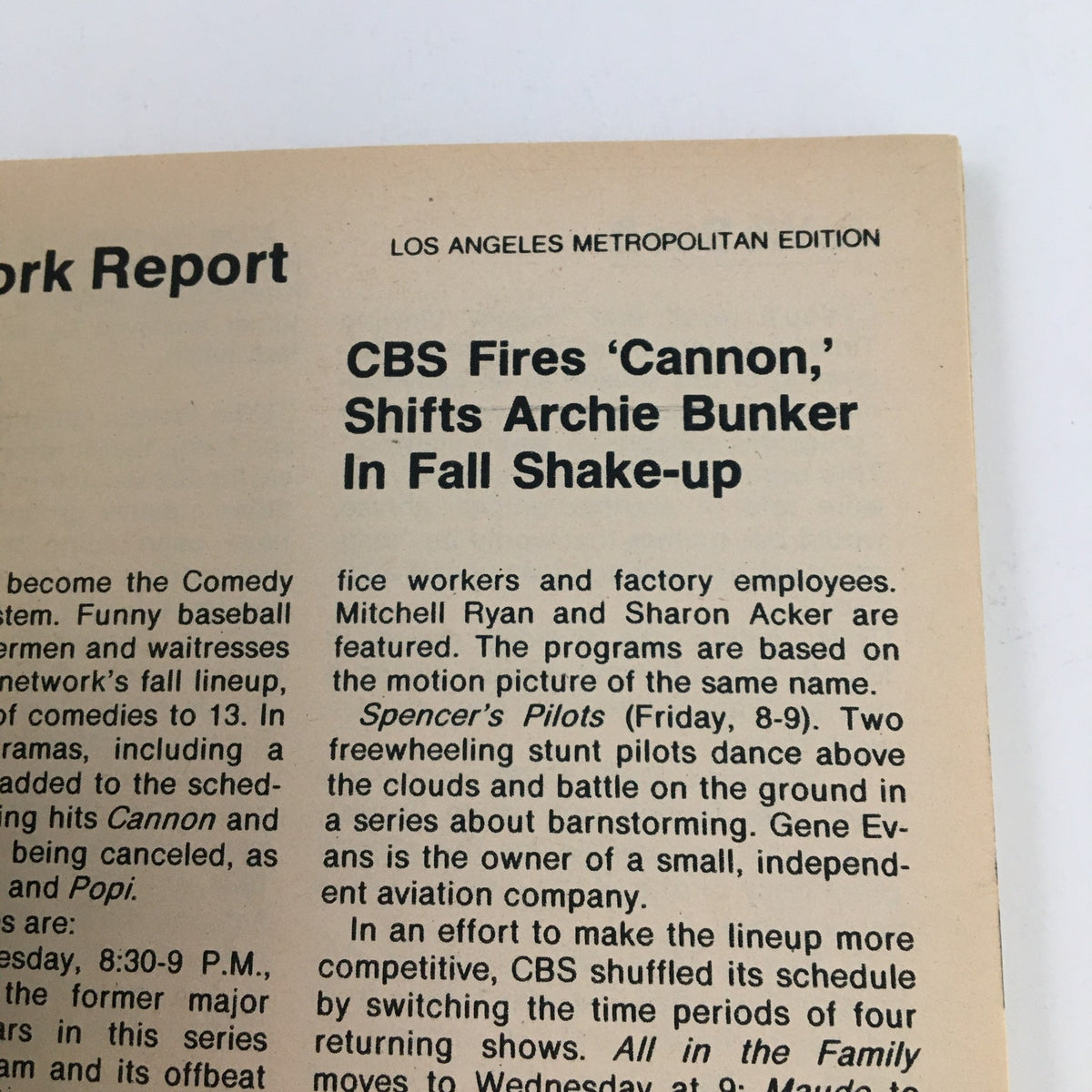 Network report section from TV Guide Magazine April 17 1976, discussing CBS programming changes including 'Cannon' and 'Archie Bunker'.