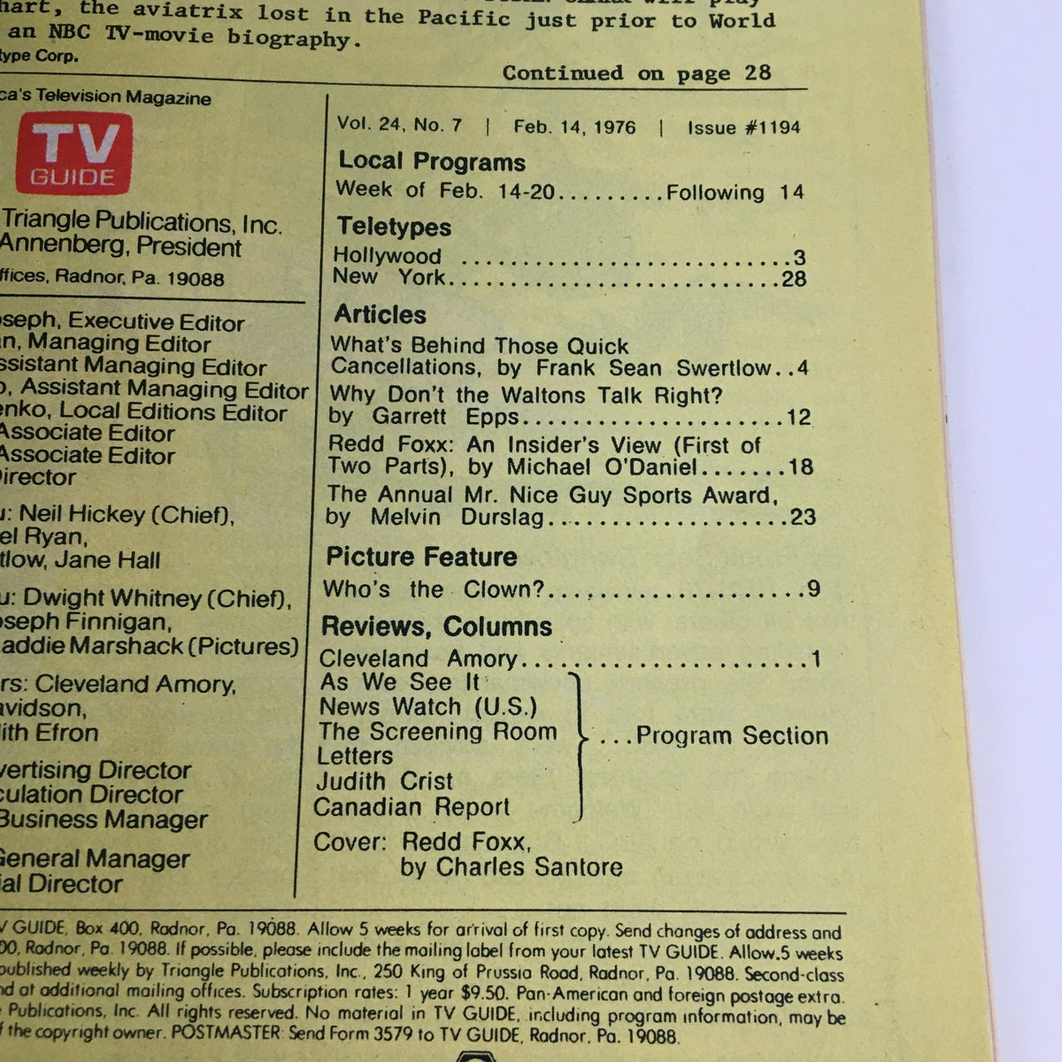 Interior page of TV Guide Magazine February 14 1976 detailing local programs, articles, and features, highlighting Redd Foxx and insights into television history.