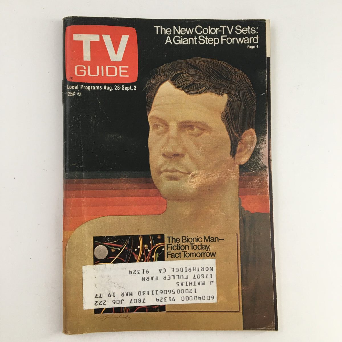 Cover of TV Guide Magazine from August 28, 1976 featuring The Bionic Man portrayed by Lee Majors, L.A. Edition.