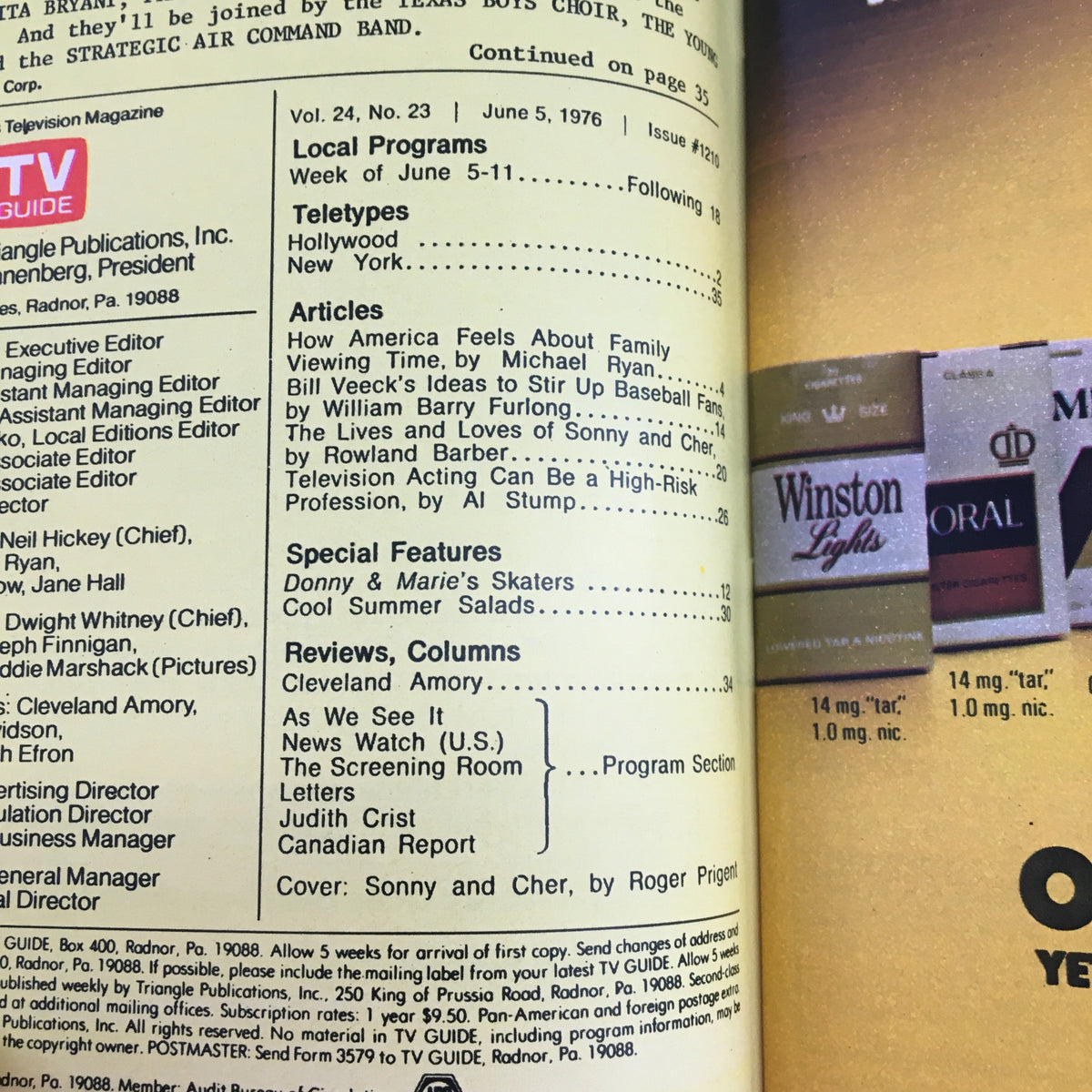 TV Guide Magazine June 5 1976 Sonny and Cher Cover L.A. Edition