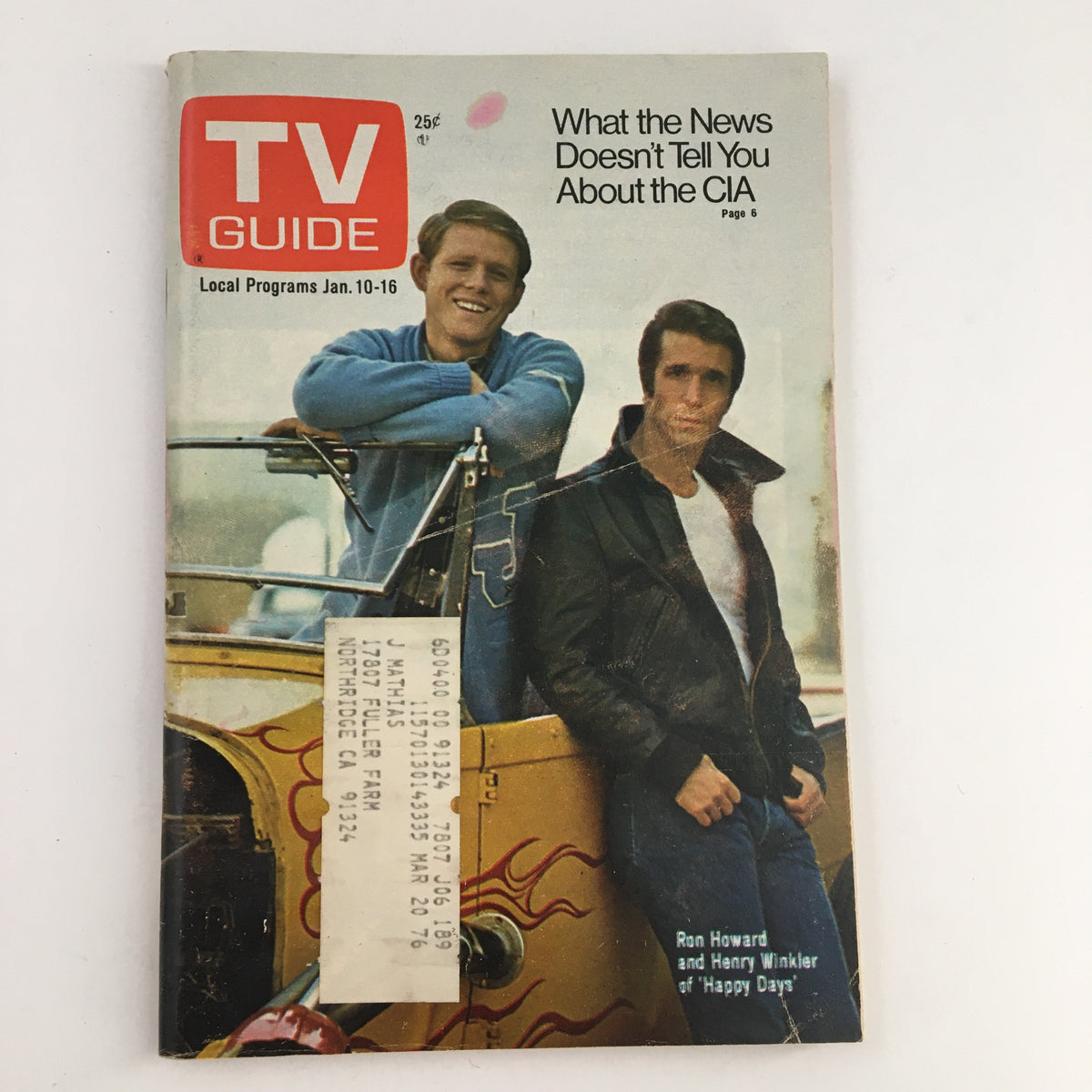 TV Guide Magazine January 10, 1976 featuring Ron Howard and Henry Winkler on the cover, depicting the iconic TV stars of the 70s alongside a classic car.