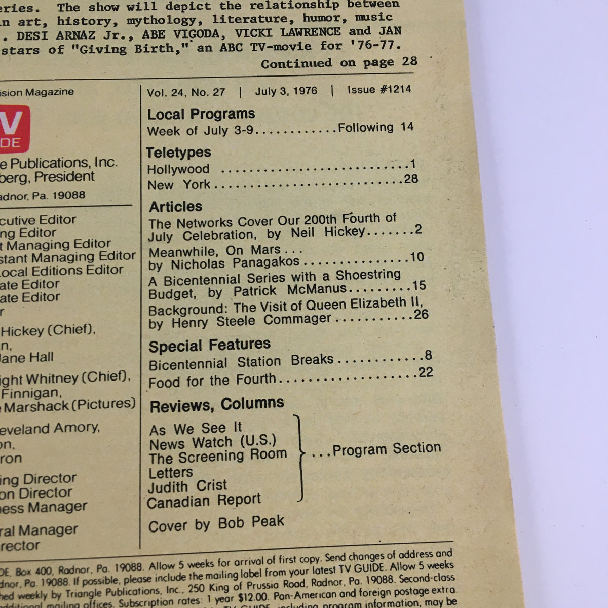 Table of contents from TV Guide Magazine July 3 1976, detailing articles and local program listings.