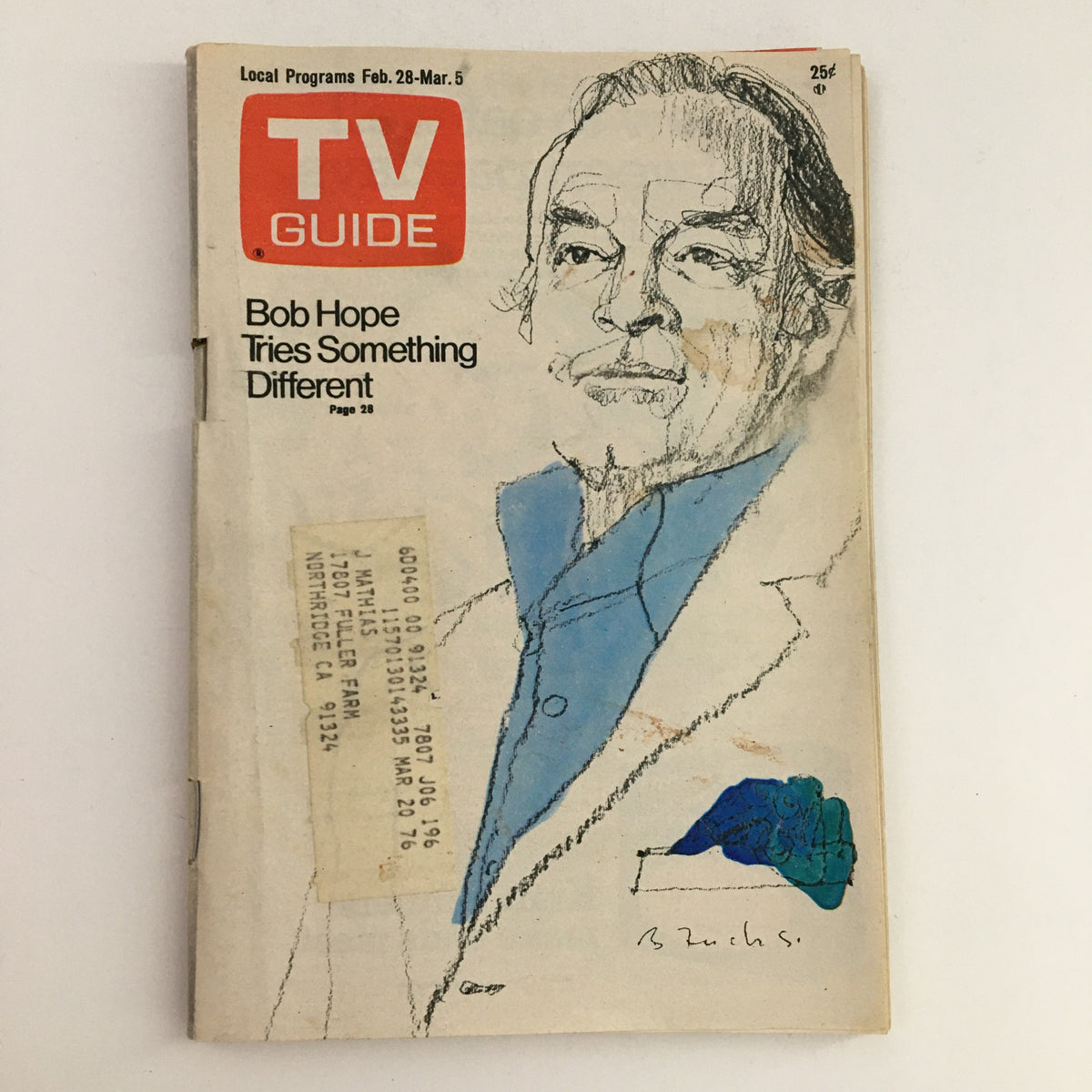 Cover of TV Guide Magazine February 28 1976 featuring a sketch of Bob Hope with the title 'Bob Hope Tries Something Different'.