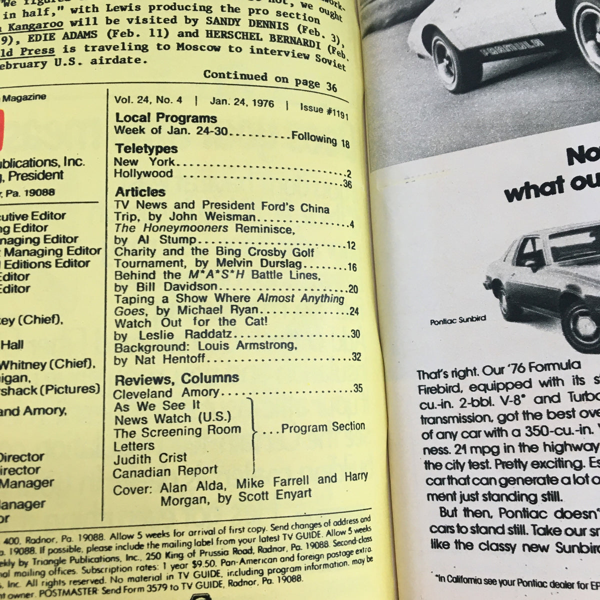 Inside page of TV Guide Magazine January 24, 1976 displaying the contents, including articles and features relevant to the era's television landscape.