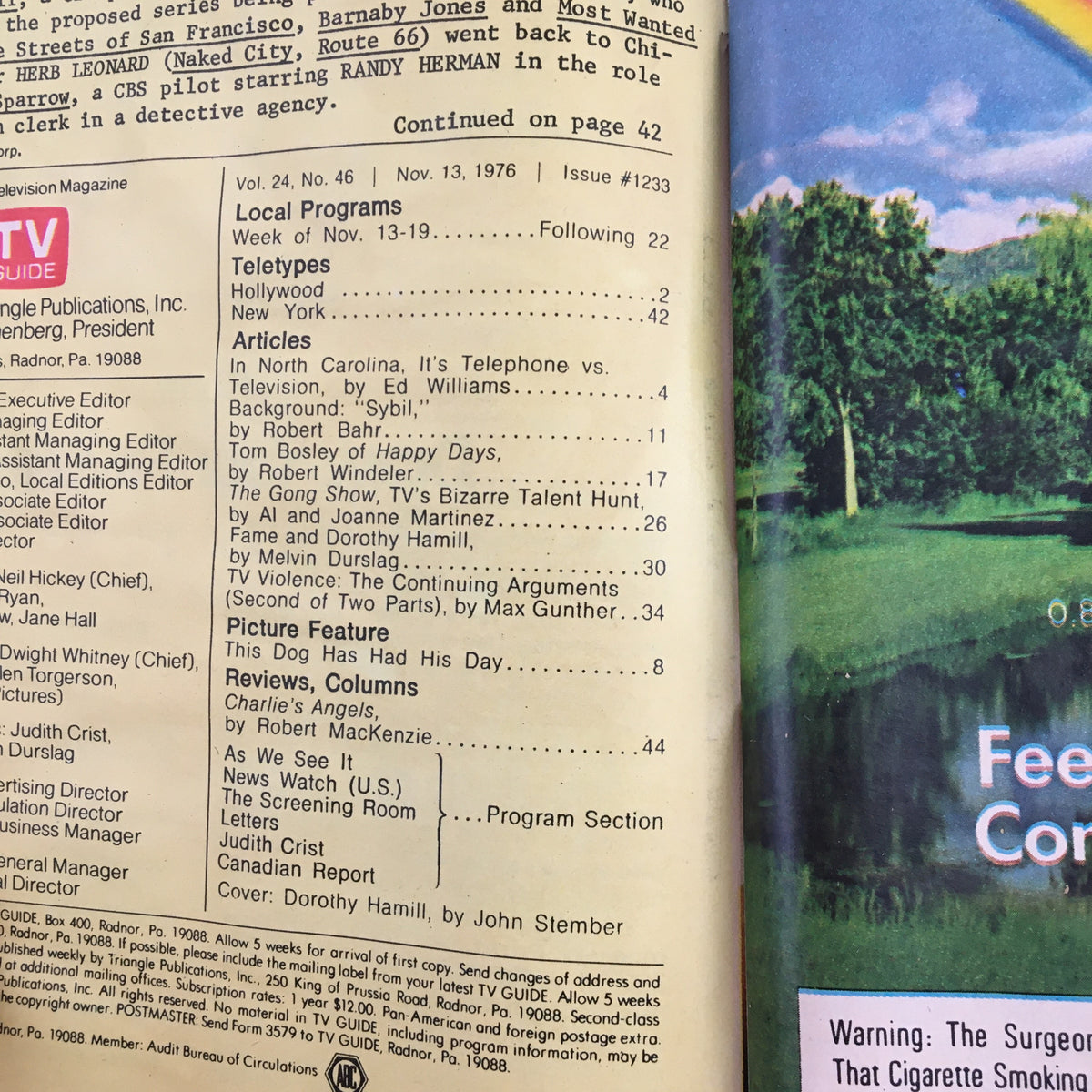 Inside view of TV Guide Magazine November 13, 1976, displaying an article listing and details about Dorothy Hamill.