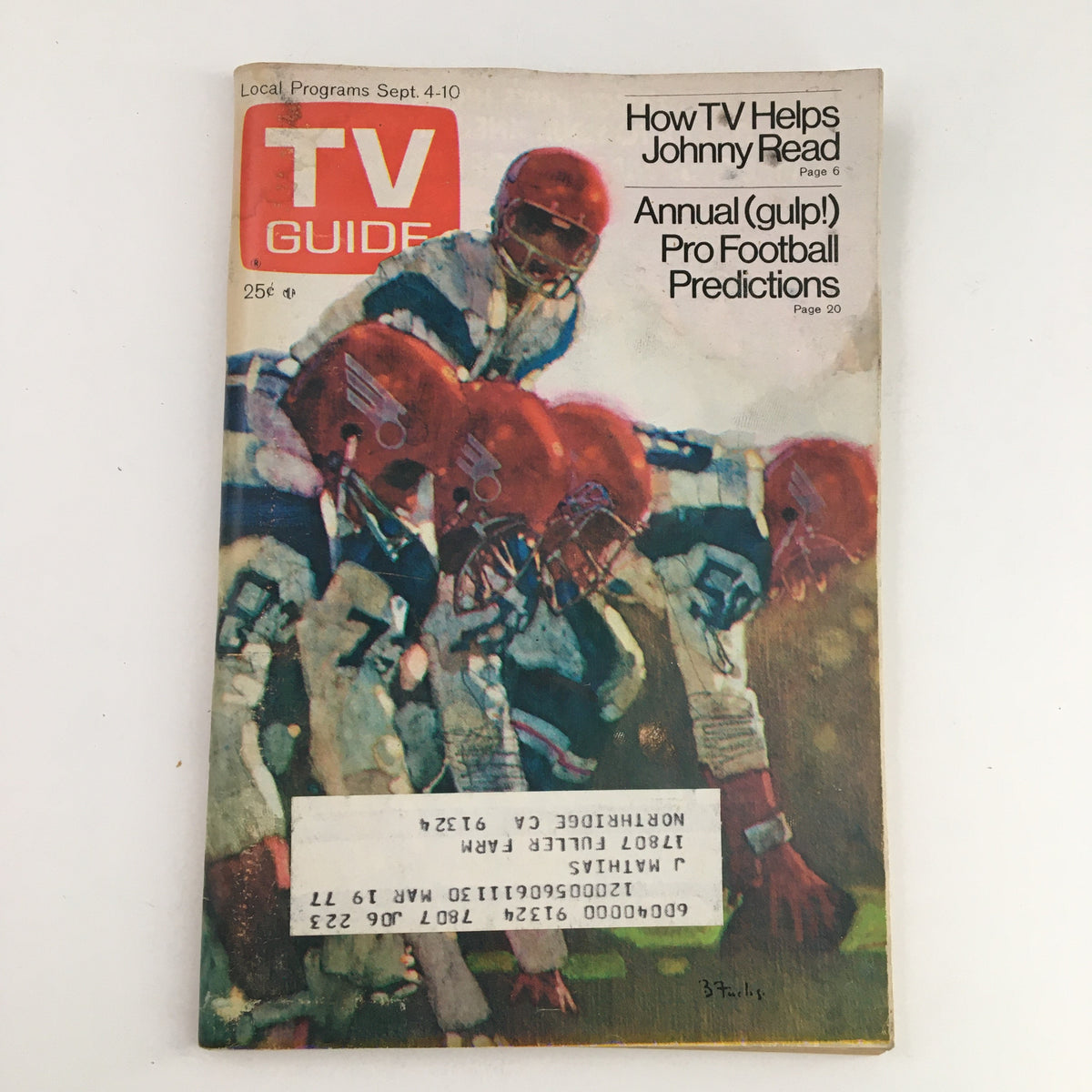 Cover of TV Guide Magazine September 4, 1976, featuring a pro football theme, depicting players, with the headline 'Annual (gulp!) Pro Football Predictions'.  This L.A. Edition is an important collectible for sports enthusiasts.