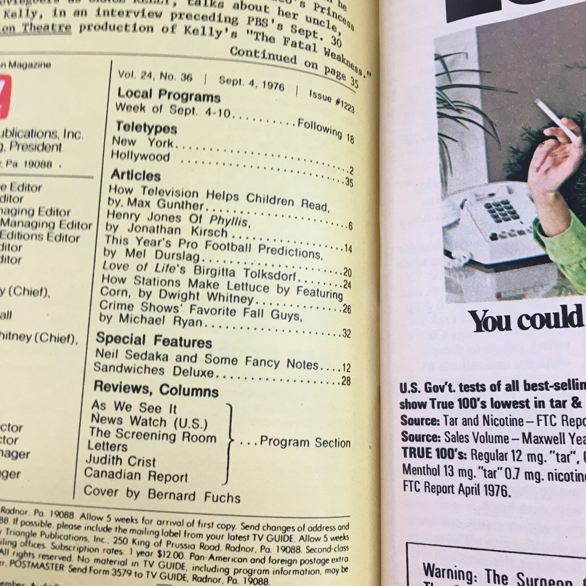 Table of contents from the TV Guide Magazine September 4, 1976, detailing articles and features, including pro football predictions, showcasing the issue's layout and design.