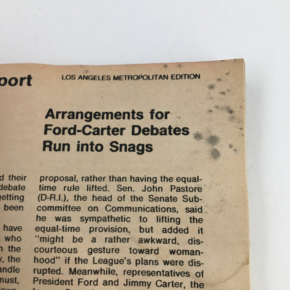 Article page from the TV Guide Magazine September 4, 1976, discussing the Ford-Carter debates, indicating the political climate of the time, with a focus on layout and typographical details.