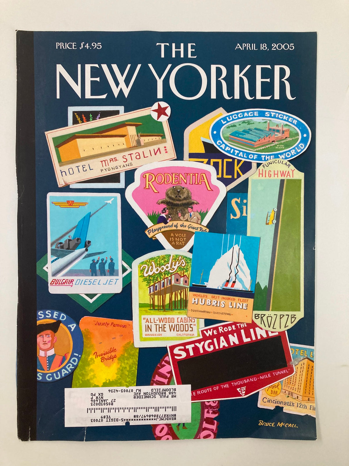 COVER ONLY The New Yorker April 18 2005 The Joys of Travel by Bruce McCall showcasing colorful travel graphics and vintage sticker designs.