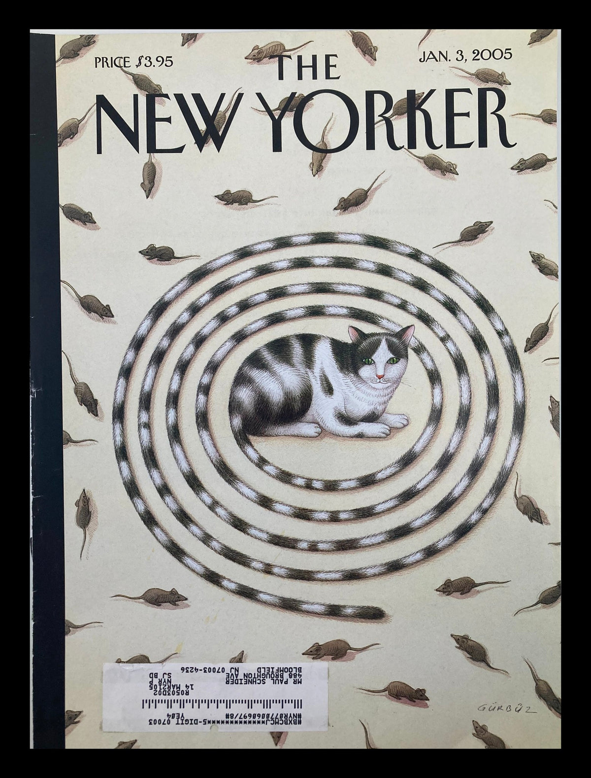 Cover of The New Yorker magazine from January 3, 2005, featuring a humorous illustration titled 'A Better Mousetrap' by Gurbuz Eksioglu, depicting a cat in a spiral of mice.