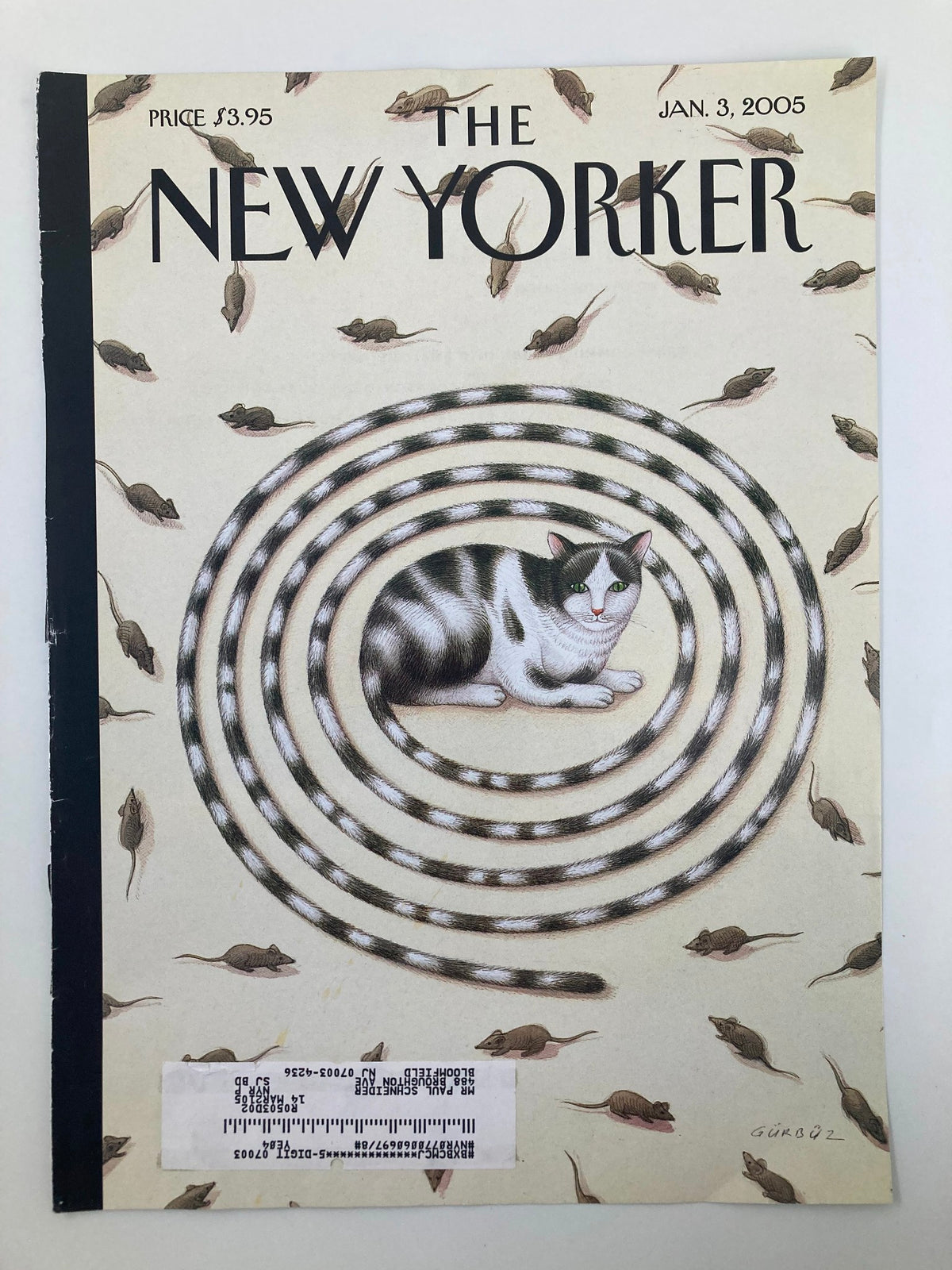 Cover of The New Yorker magazine from January 3, 2005, showcasing 'A Better Mousetrap' by Gurbuz Eksioglu, with an image of a cat surrounded by a spiral pattern of mice.
