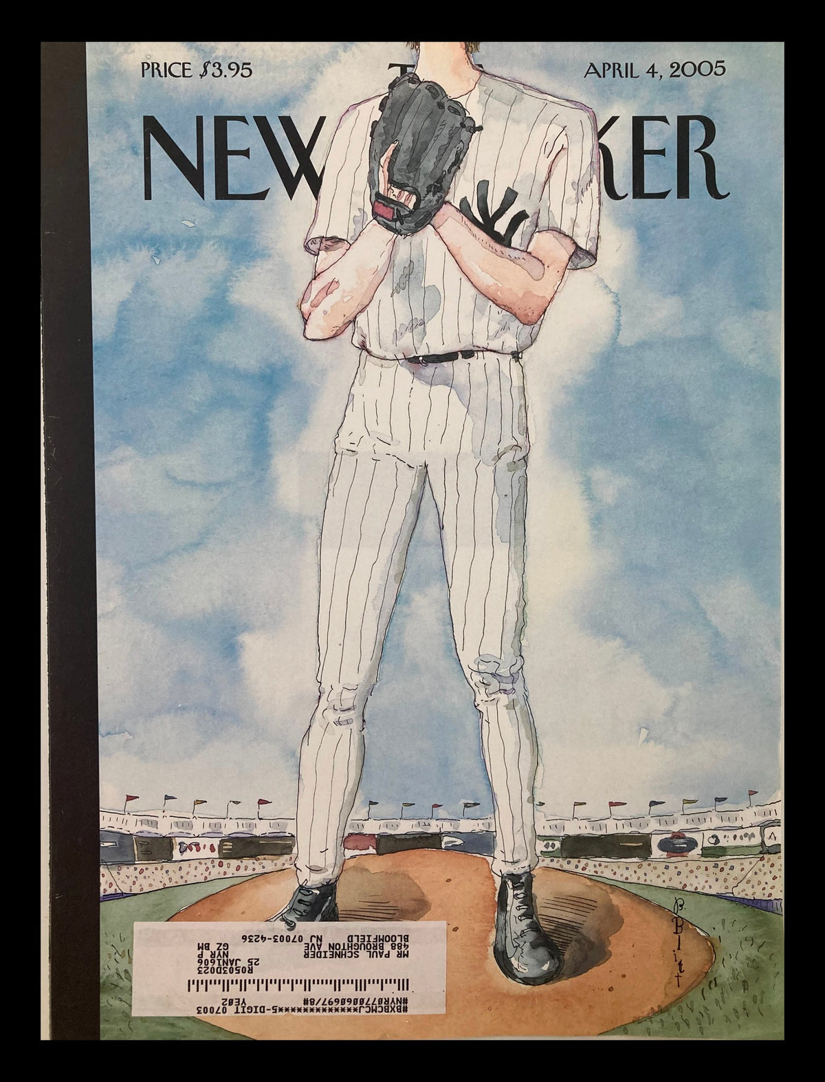 Cover of The New Yorker April 4, 2005, titled 'Over The Top' by Barry Blitt, featuring a baseball player standing on a pitcher's mound with a stadium backdrop.