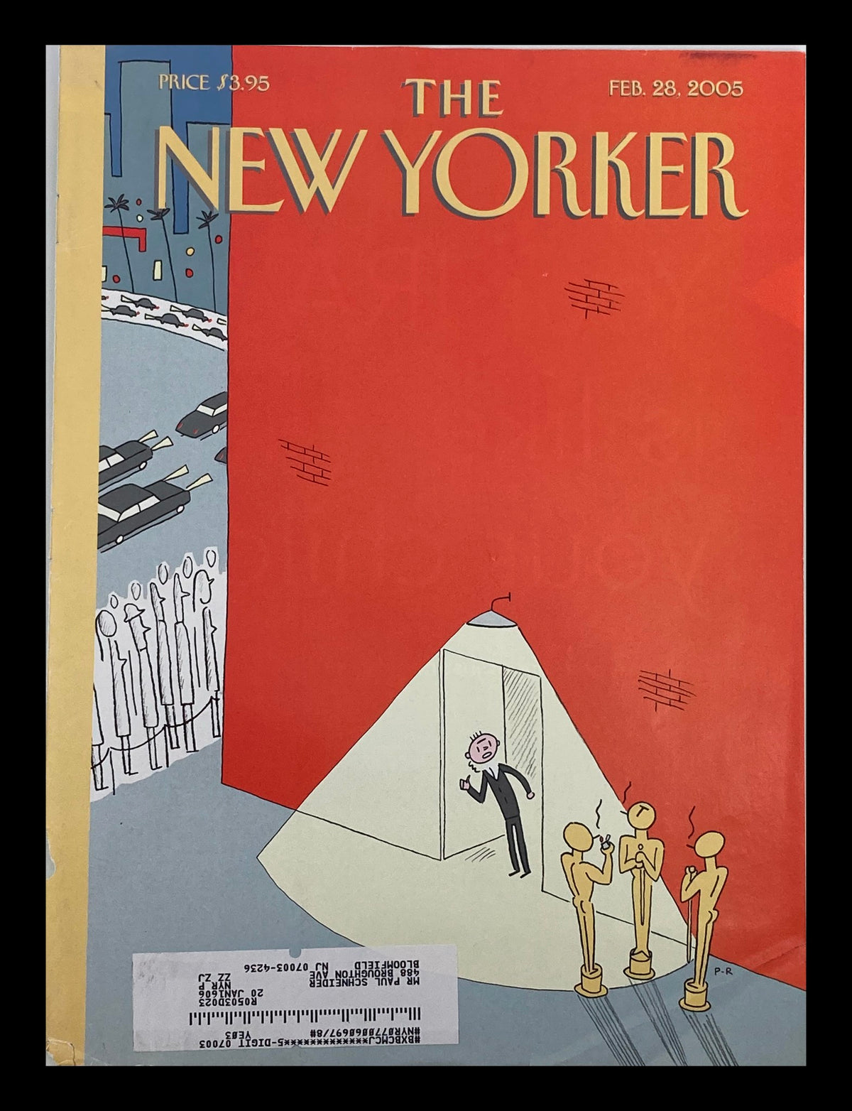 Cover of The New Yorker from February 28, 2005 featuring artwork titled 'Backstage at Oscars' by Philippe Roul, showcasing a colorful illustration of a Hollywood scene with award statuettes.