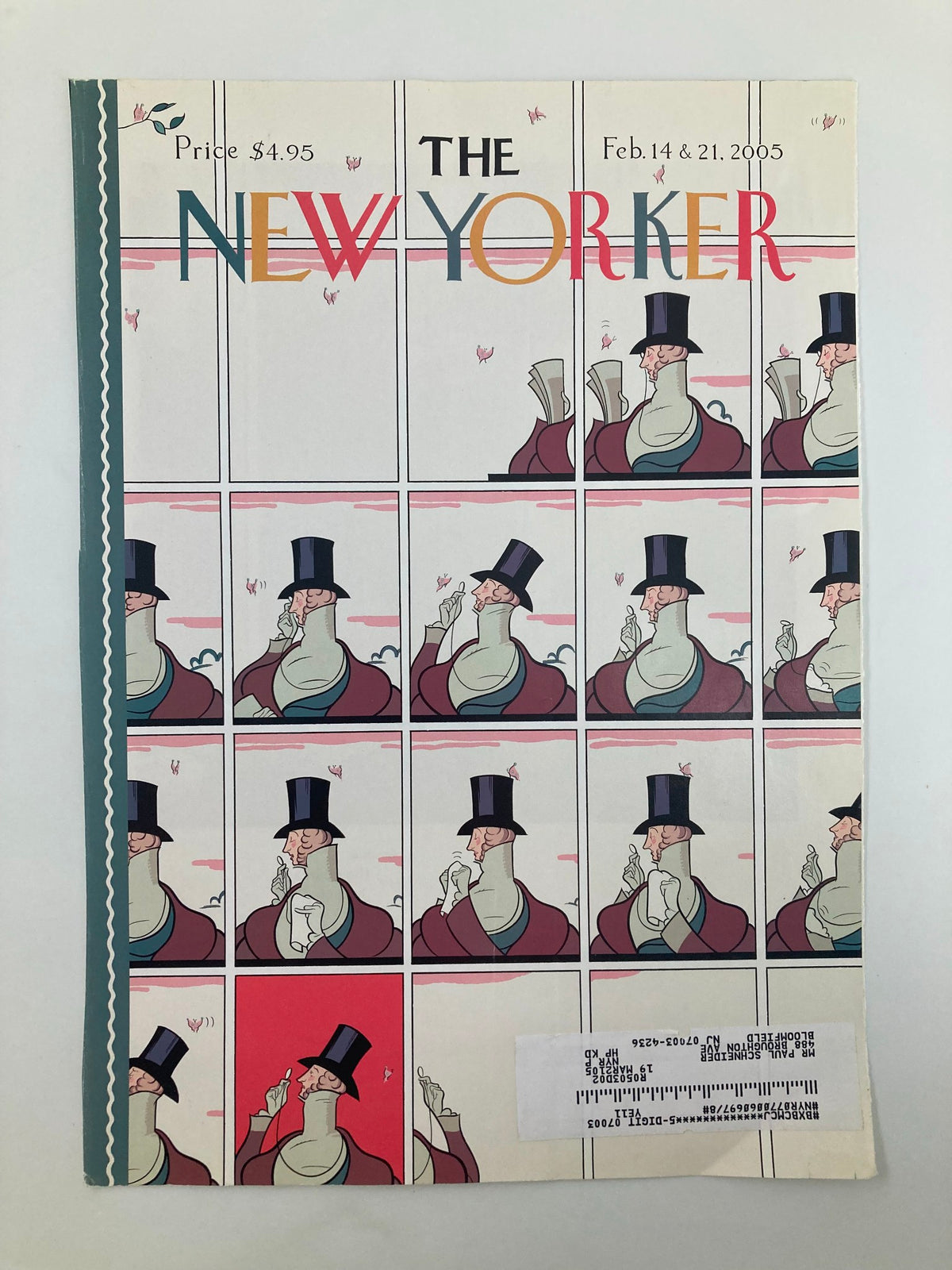 The New Yorker magazine cover from February 14, 2005, featuring Chris Ware's artwork 'European Rules', displaying a series of panels in a whimsical style.