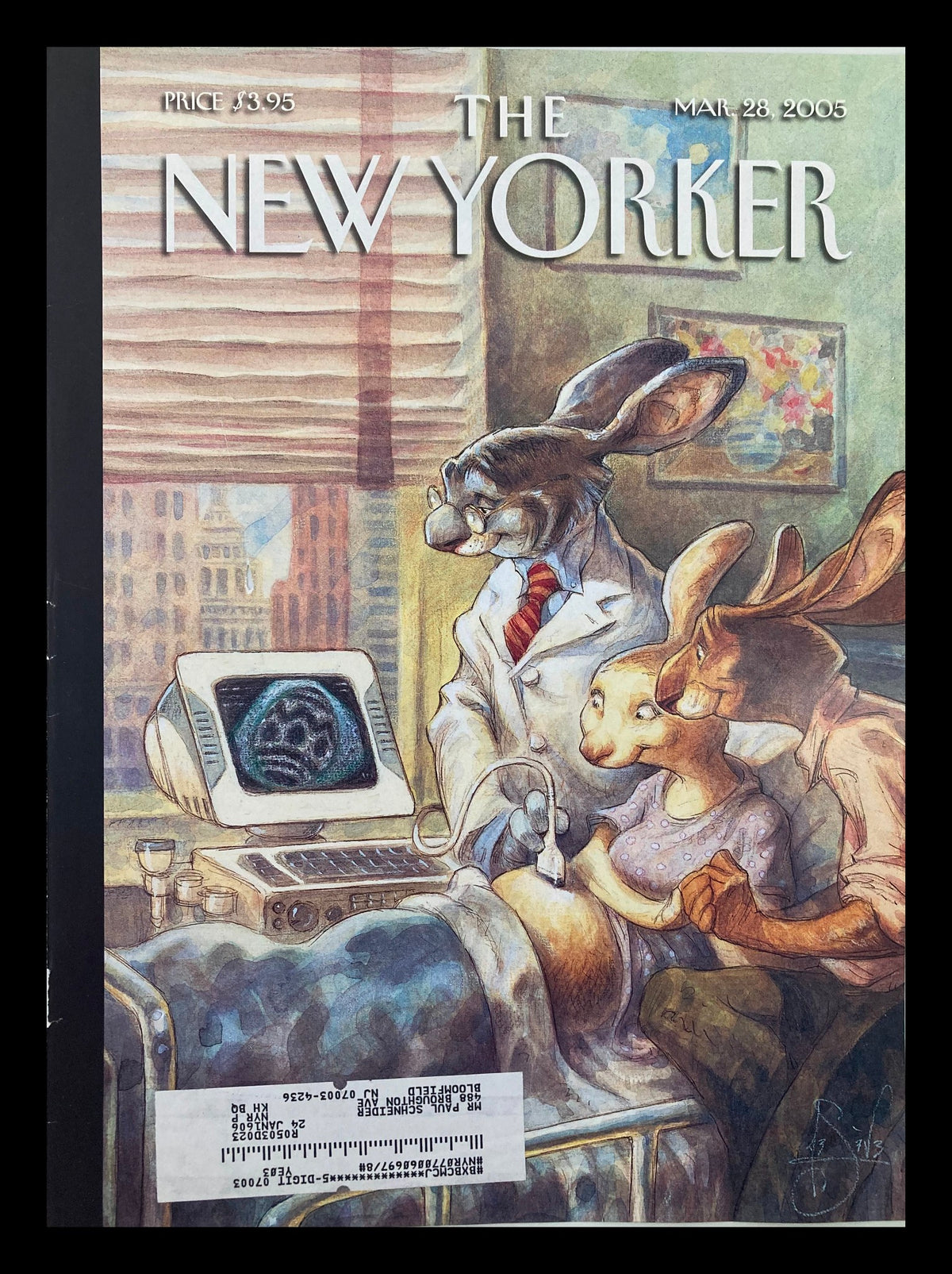 COVER ONLY The New Yorker March 28 2005 Trust Fund Truths featuring an imaginative illustration by Peter de Seve, depicting anthropomorphic rabbits in a doctor's office setting, highlighting themes of satire and social commentary.