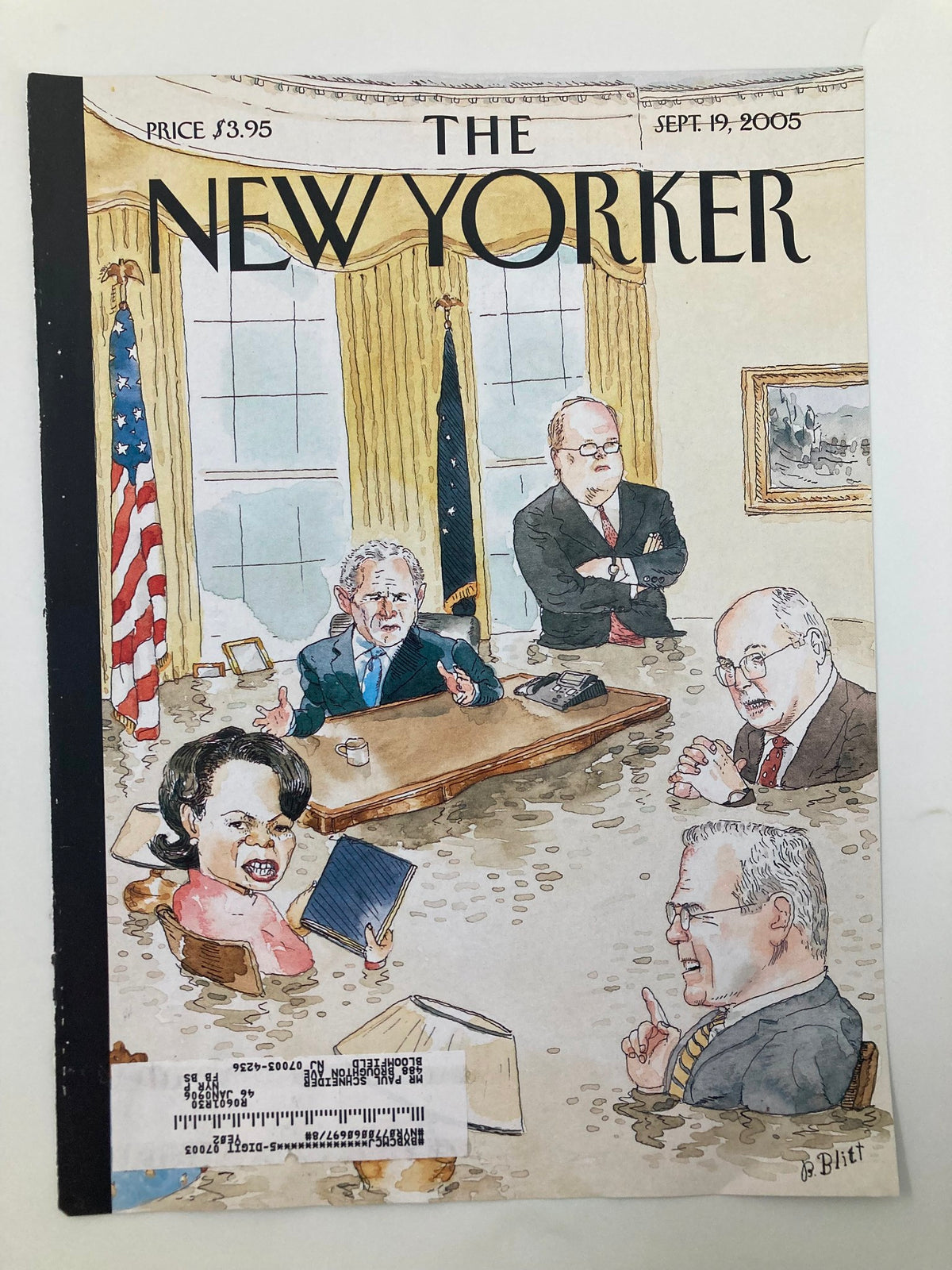 The New Yorker cover from September 19, 2005, showcasing an illustration by Barry Blitt, portraying a political meeting with figures such as Condoleezza Rice, emphasizing the political climate of the time.