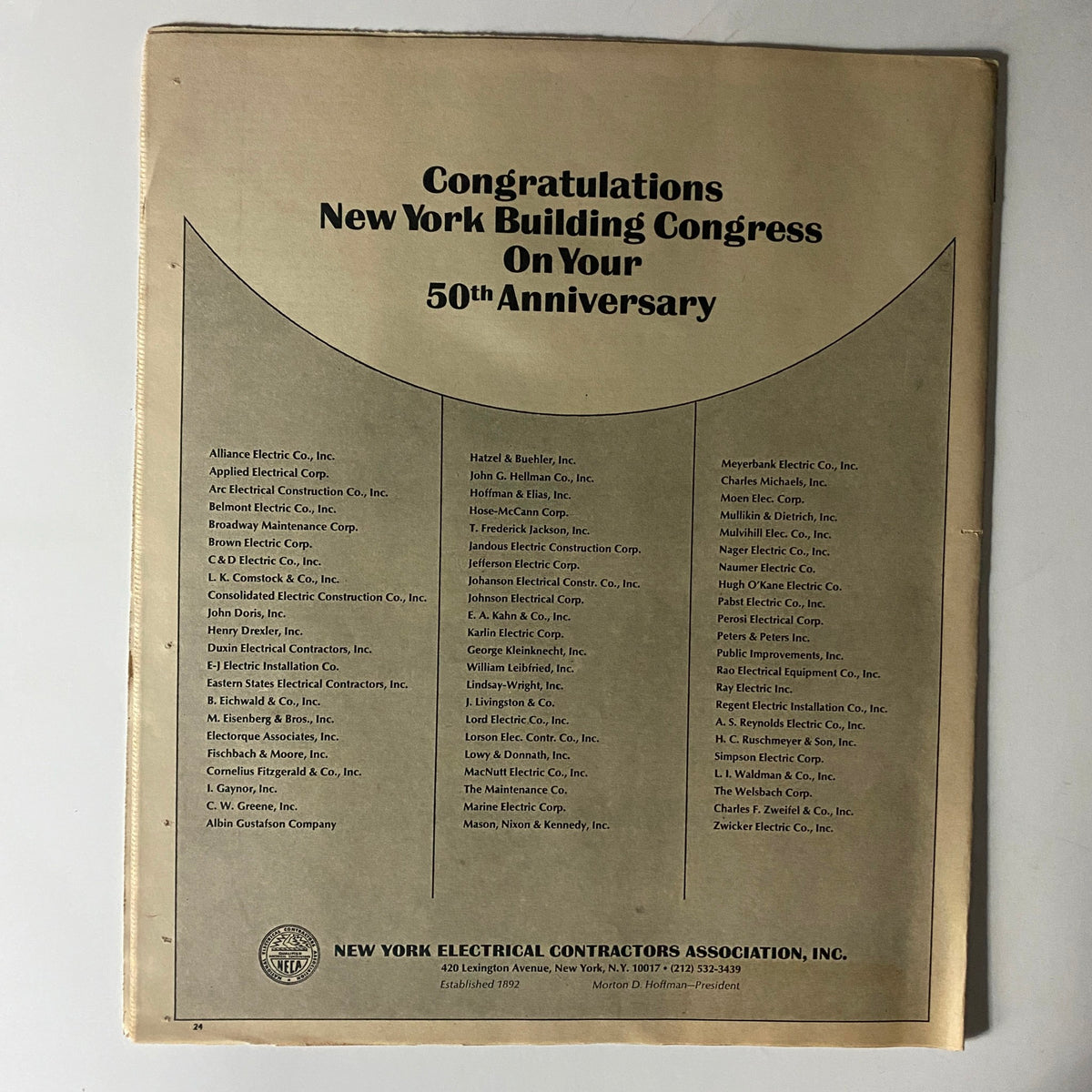 Back cover of The New York Times Magazine from March 28, 1971, with a congratulatory advertisement for the New York Building Congress on its 50th anniversary, listing numerous electrical contracting companies.