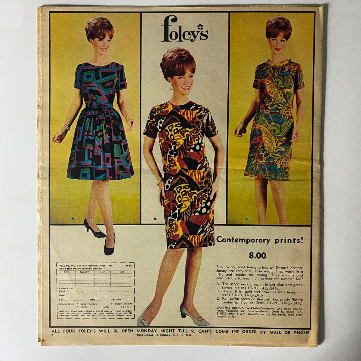 VTG Texas Magazine July 16 1967 A Foray Into The Forest, showcasing vintage fashion ad featuring colorful dresses from Foley's, highlighting contemporary prints.