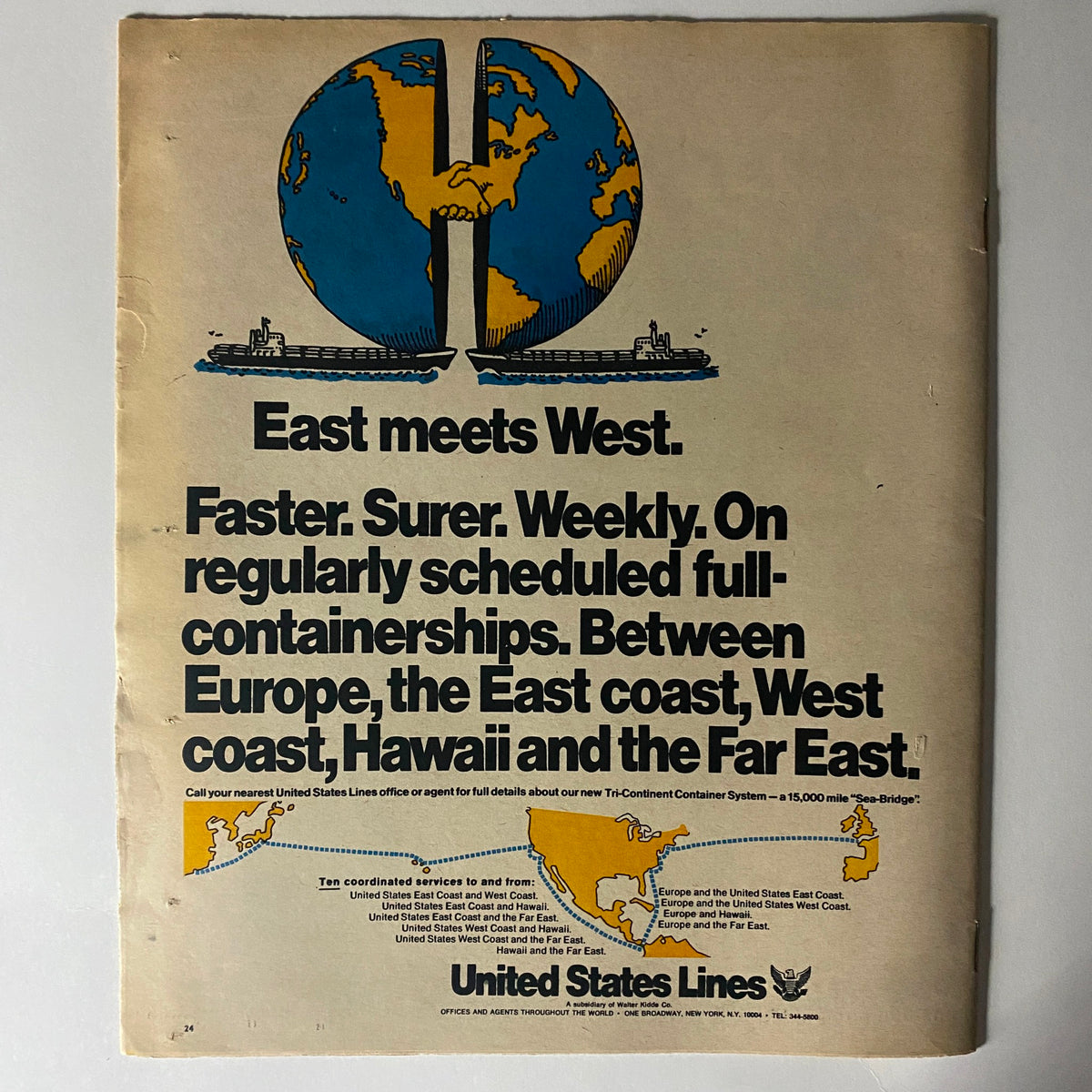 Advertisement from The New York Times Magazine dated November 22, 1970, promoting United States Lines with the tagline 'East meets West' and illustrating global shipping routes.