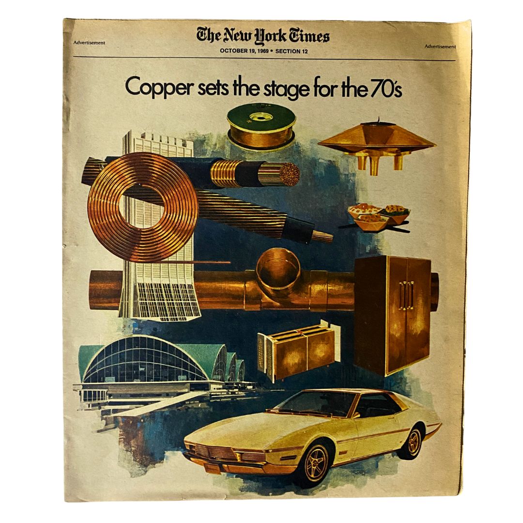 Cover of The New York Times Magazine from October 19, 1969, titled 'Copper sets the stage for the 70's', featuring artistic illustrations of copper products and a classic car.