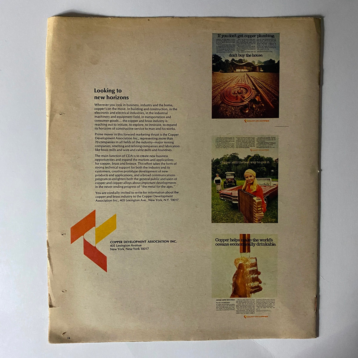 Back cover of The New York Times Magazine from October 19, 1969, discussing copper's role in construction and showcasing advertisements related to the Copper Development Association.