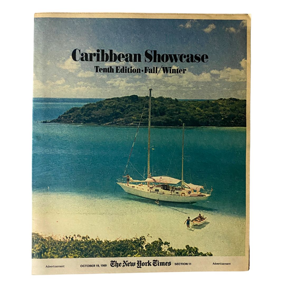 Cover of The New York Times Magazine October 19 1969 featuring Caribbean Showcase, showcasing a sailboat near a tropical coastline with lush green hills and vibrant blue water.