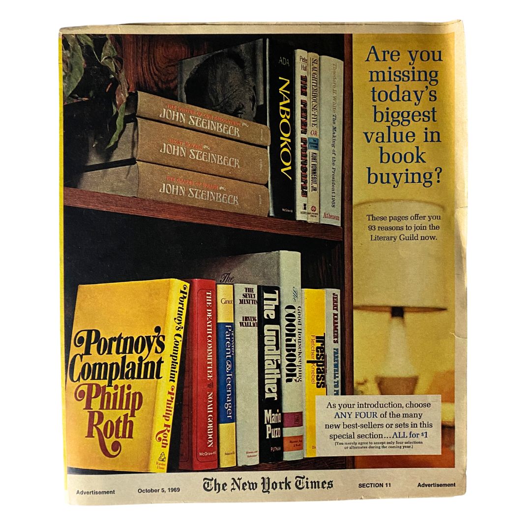 The New York Times Magazine October 5, 1969 showing a bookshelf featuring works by John Steinbeck and Philip Roth, along with an advertisement for the Literary Guild.