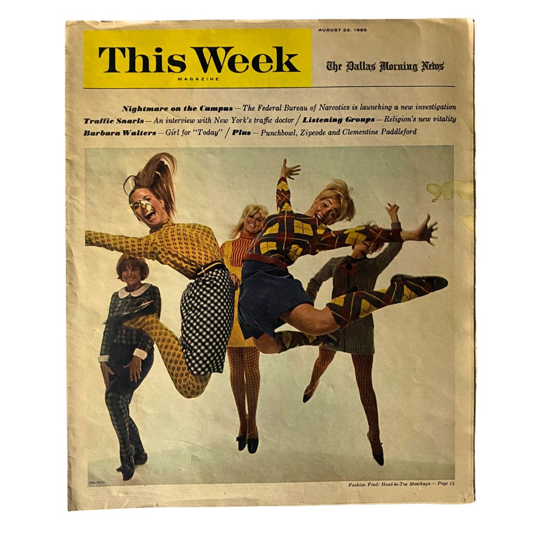 VTG This Week Magazine August 22 1965 featuring a vibrant cover with models showcasing retro fashion styles in a playful jump pose under the "Head-to-Toe Matchups" theme.