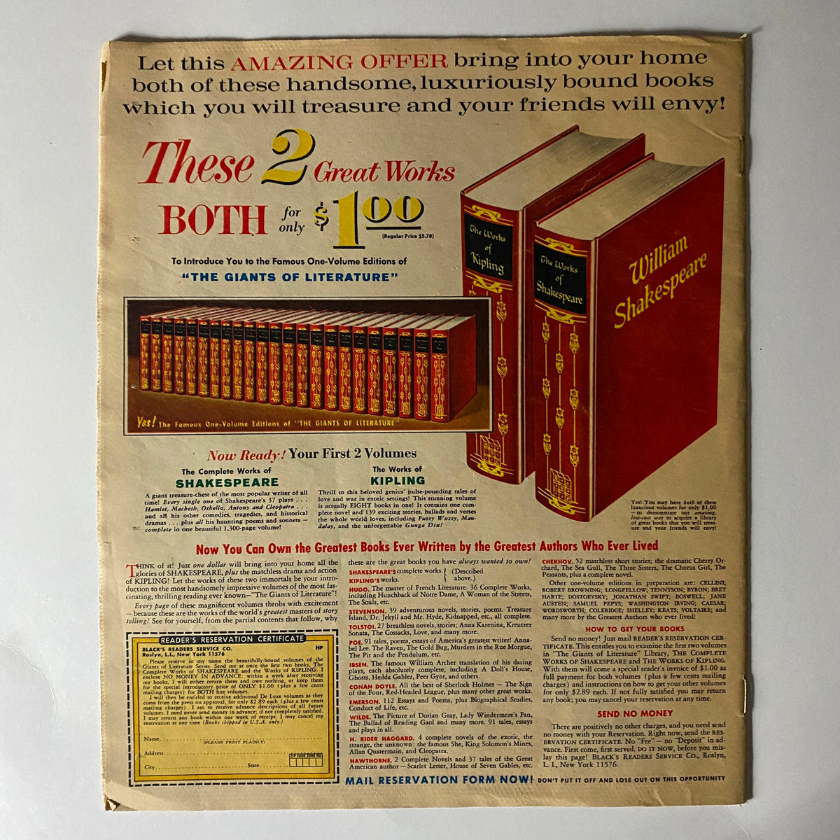 Back cover of the VTG This Week Magazine August 22 1965 featuring an advertisement for luxurious bound books, promoting classics by Shakespeare and Kipling.