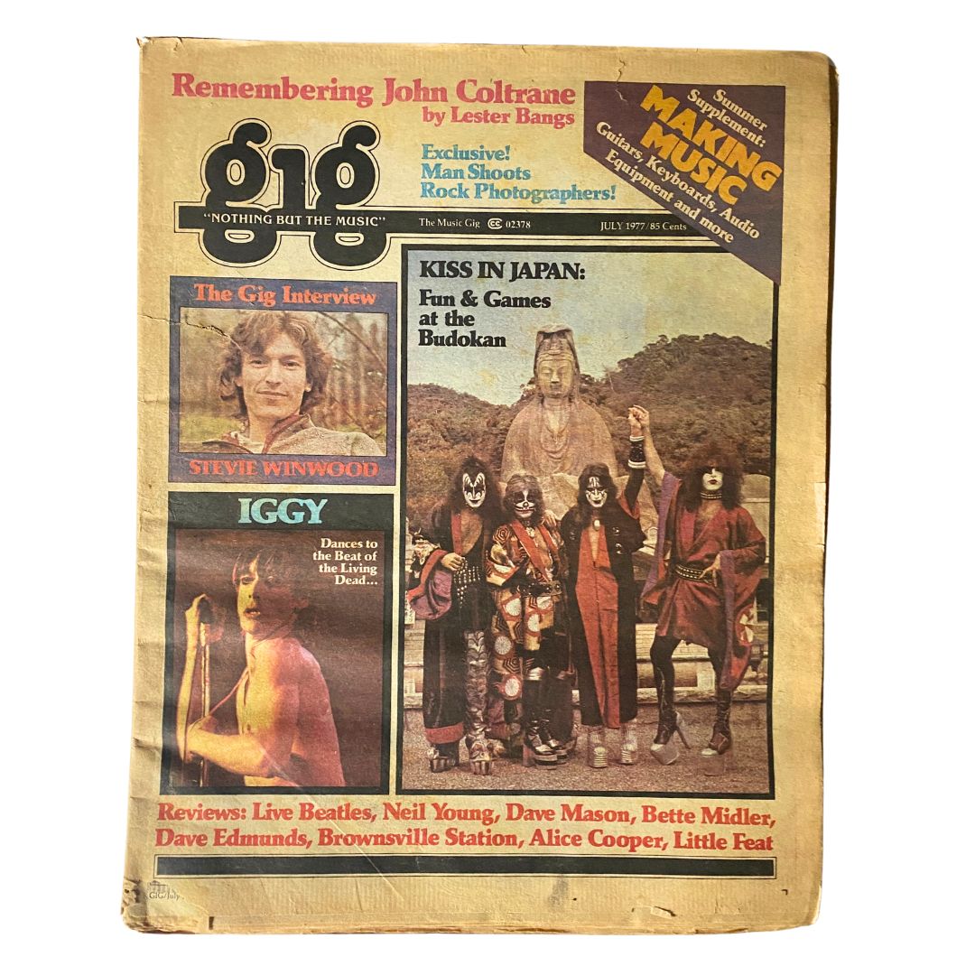 VTG Gig The Music Magazine July 1977 featuring a cover with Stevie Winwood and Iggy, showcasing the top music stories and reviews of the time.