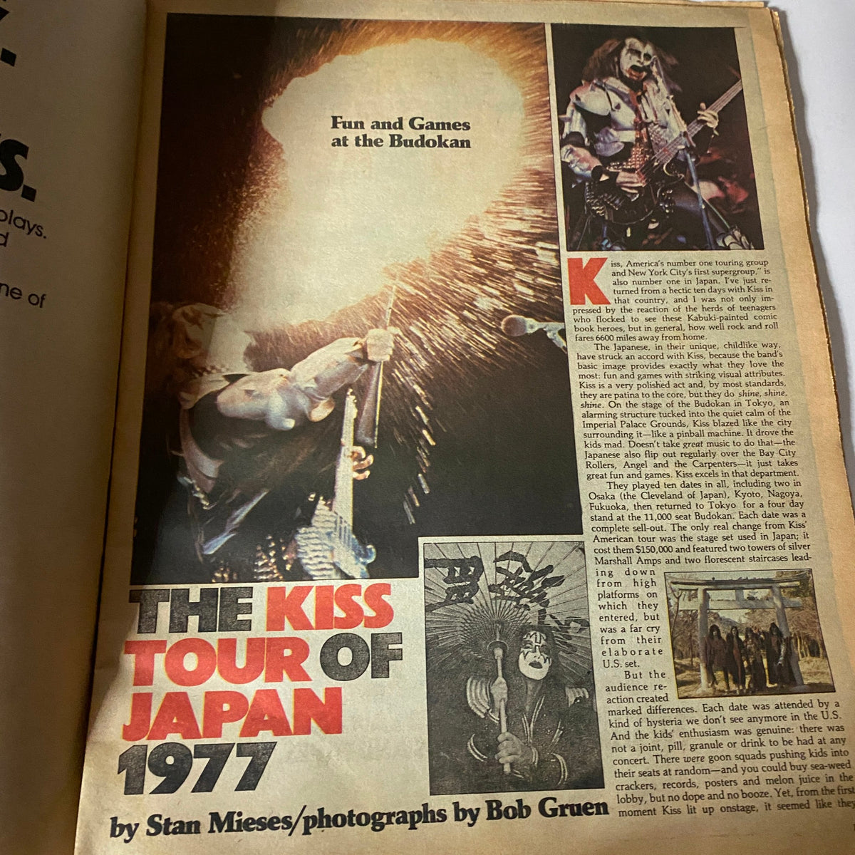 VTG Gig The Music Magazine July 1977 showcasing an article titled 'The Kiss Tour of Japan 1977' with pictures of the band KISS performing live.
