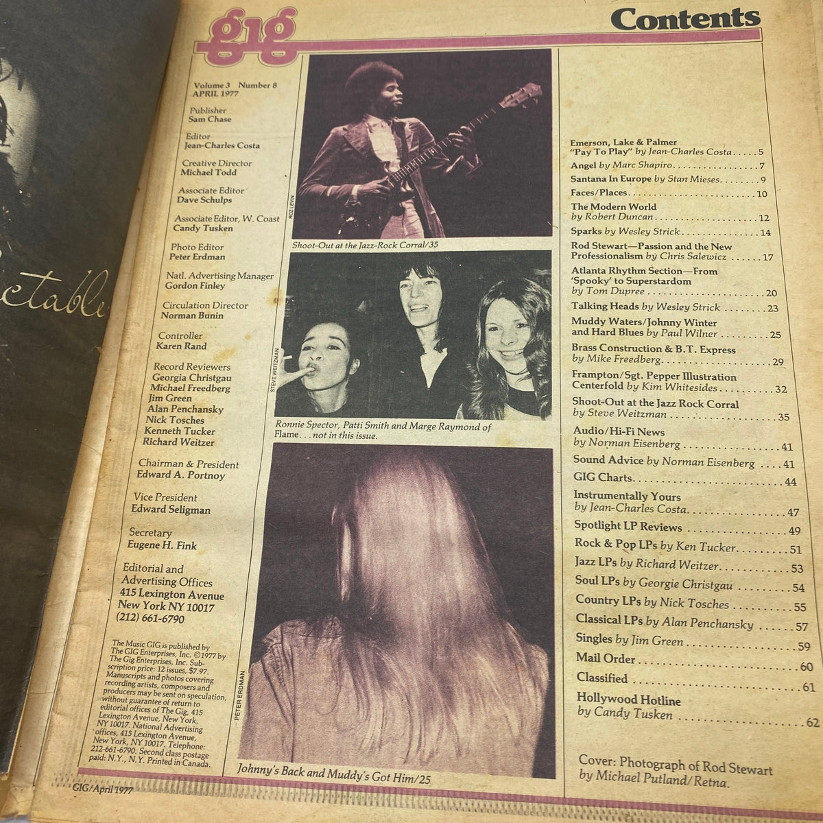 Contents page from VTG Gig The Music Magazine April 1977 listing contributors and featured articles, including Rod Stewart and other music-related topics.