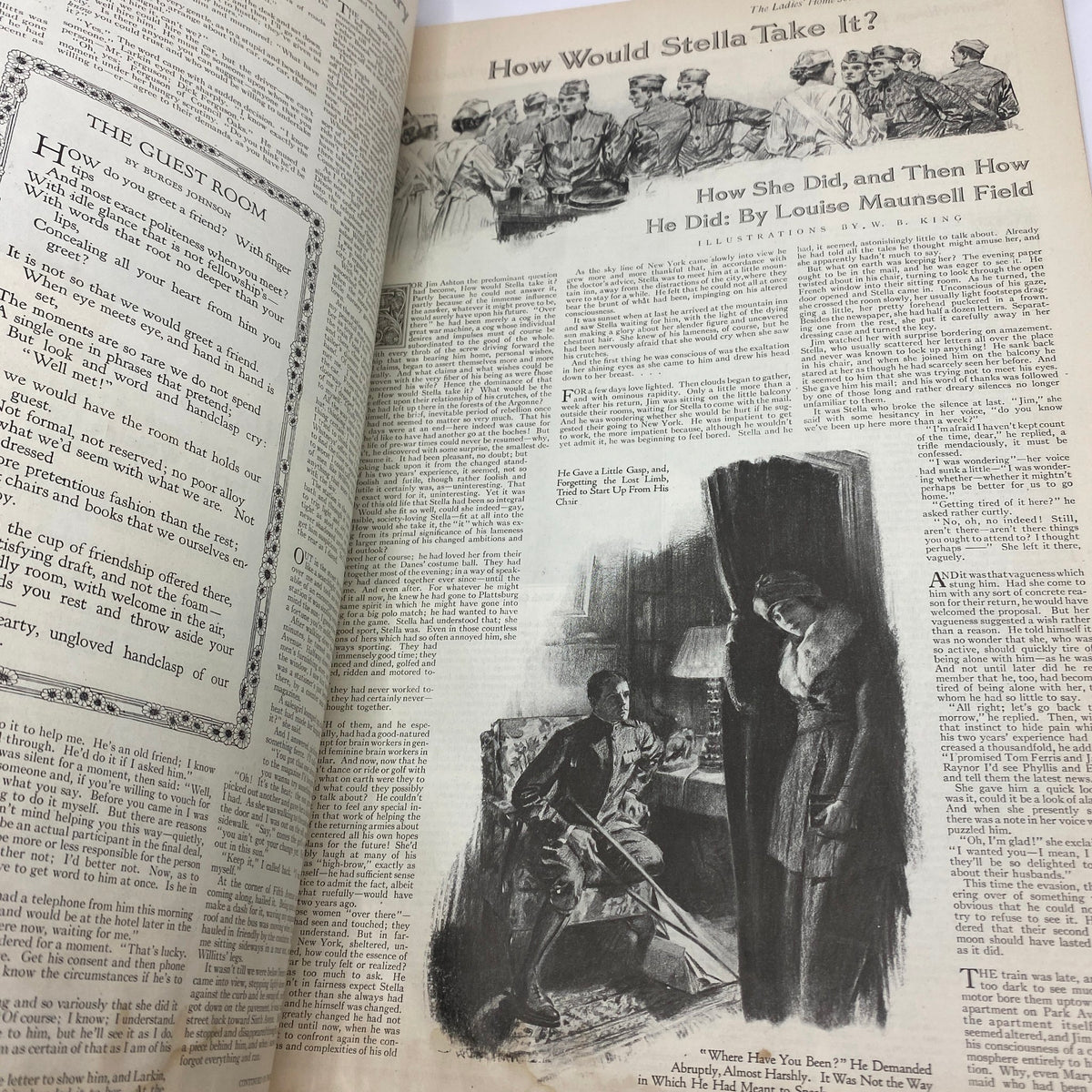 Interior page of The Ladies Home Journal Magazine, February 1919, displaying an article titled 'How Would Stella Take It?' by Louise Maunsell Field, illustrating early 20th century literature and cultural discussions.